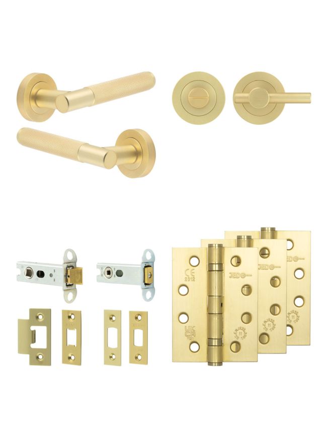 Complete Bari Door Handle Pack - Heavy Duty Tubular Bathroom (Plain Thumb Turn) - Satin Brass - 76mm / 4-inch Hinges - JE-D31A2-SB