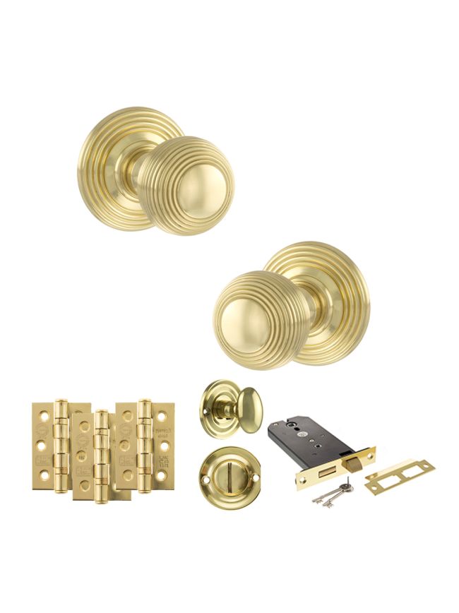 Old English Ripon Door Knob Pack (Lock Set - Horizontal Bathlock, 3" Fire Rated Hinges x3) - Polished Brass