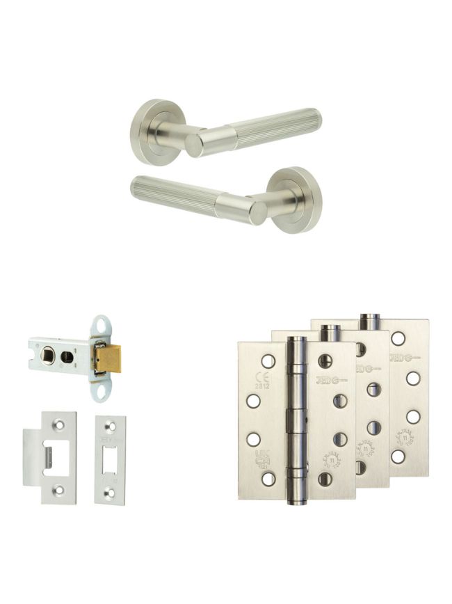 Complete Venice Door Handle Pack - Heavy Duty Latch - Satin Nickel - 64mm / 4-inch Hinges - JE-F20A-SN