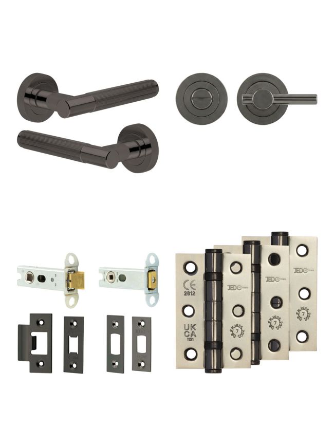 Complete Venice Door Handle Pack - Heavy Duty Tubular Bathroom (Plain Thumb Turn) - Black Nickel - 76mm / 3-inch Hinges - JE-F31B2-BN
