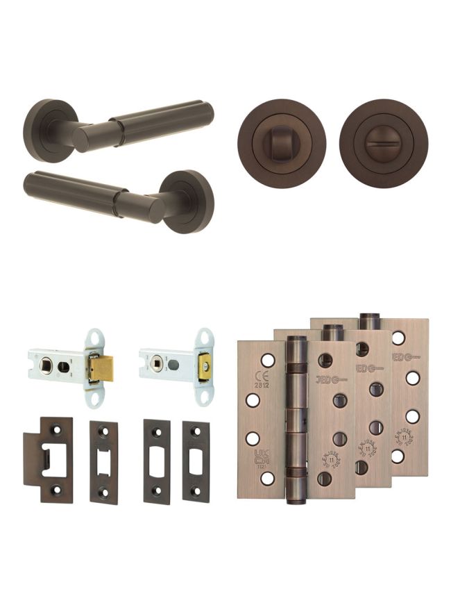 Complete Bloom Door Handle Pack - Heavy Duty Tubular Bathroom (Standard Thumb Turn) - Dark Bronze - 64mm / 4-inch Hinges - JE-B30A3-DB
