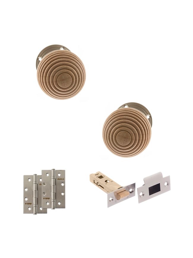 Old English Bridlington Door Knob Pack (Latch Set - 3" HD Latch, 4" Slim Knuckle Hinges x2) - Satin Nickel