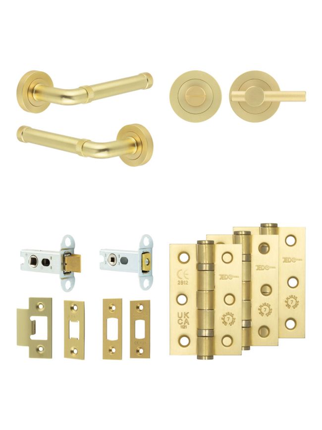 Complete Midtown Door Handle Pack - Heavy Duty Tubular Bathroom (Knurled Thumb Turn) - Satin Brass - 64mm / 3-inch Hinges - JE-G30B1-SB