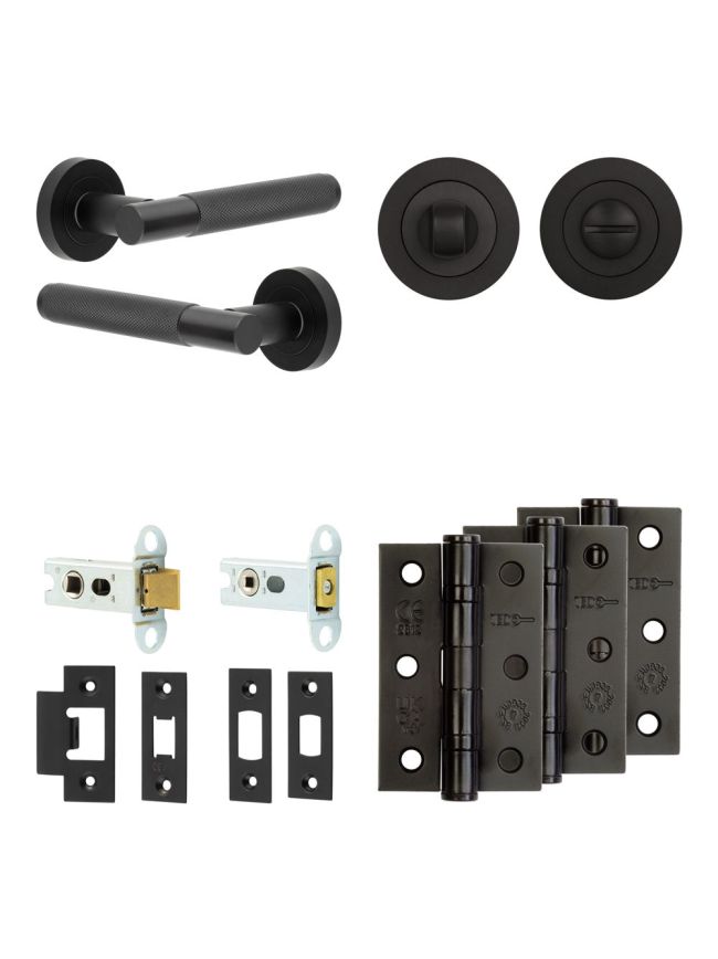 Complete Bari Door Handle Pack - Heavy Duty Tubular Bathroom (Standard Thumb Turn) - Matt Black - 64mm / 3-inch Hinges - JE-D30B3-MB
