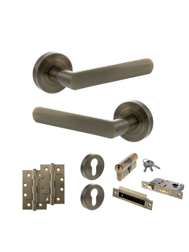 STATUS Carolina Door Handle Pack (Euro Lock Set - 3" CE Sashlock, 4" Slim Knuckle Hinges x2) - Antique Brass