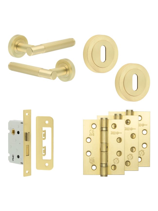 Complete Venice Door Handle Pack - Sashlock - Satin Brass - 65mm / 4-inch Hinges - JE-F7A8-SB