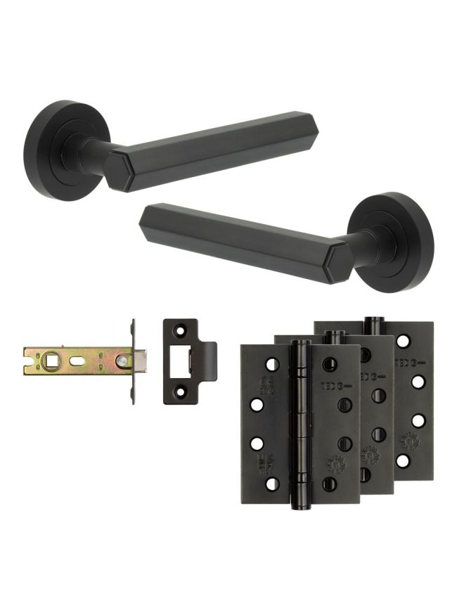 Complete Hex Door Handle Pack - Internal Doors - Matt Black - 76mm / 4-inch Hinges - JE-C4A-MB