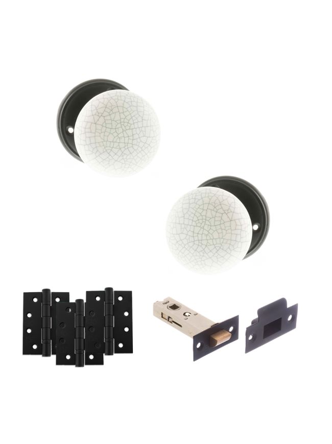Old English Skipton Door Knob Pack (Latch Set - 3" HD Latch, 4" Fire Rated Hinges x3) - Matt Black