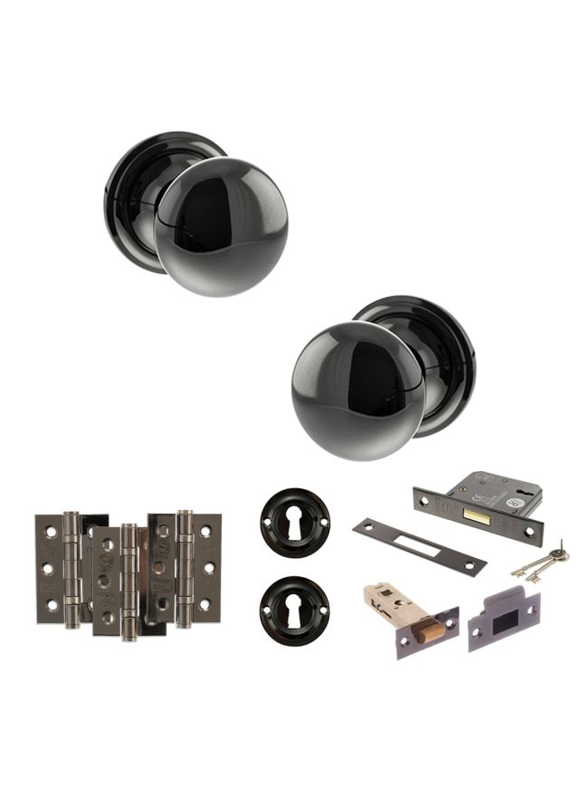 Old English Harrogate Door Knob Pack (Lock Set - 3" Latch & Deadlock, 3" Fire Rated Hinges x3) - Black Nickel