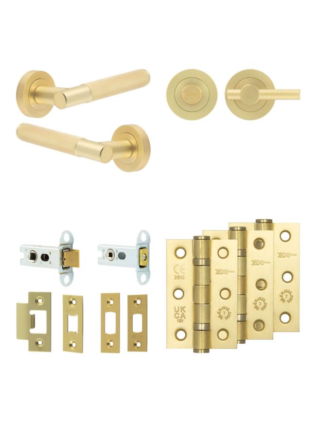 Complete Bari Door Handle Pack - Heavy Duty Tubular Bathroom (Knurled Thumb Turn) - Satin Brass - 64mm / 3-inch Hinges - JE-D30B1-SB