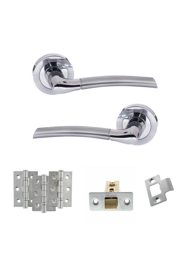 STATUS Indiana Door Handle Pack (Latch Set - 3" CE Latch, 3" Fire Rated Hinges x3) - Satin Chrome/Polished Chrome