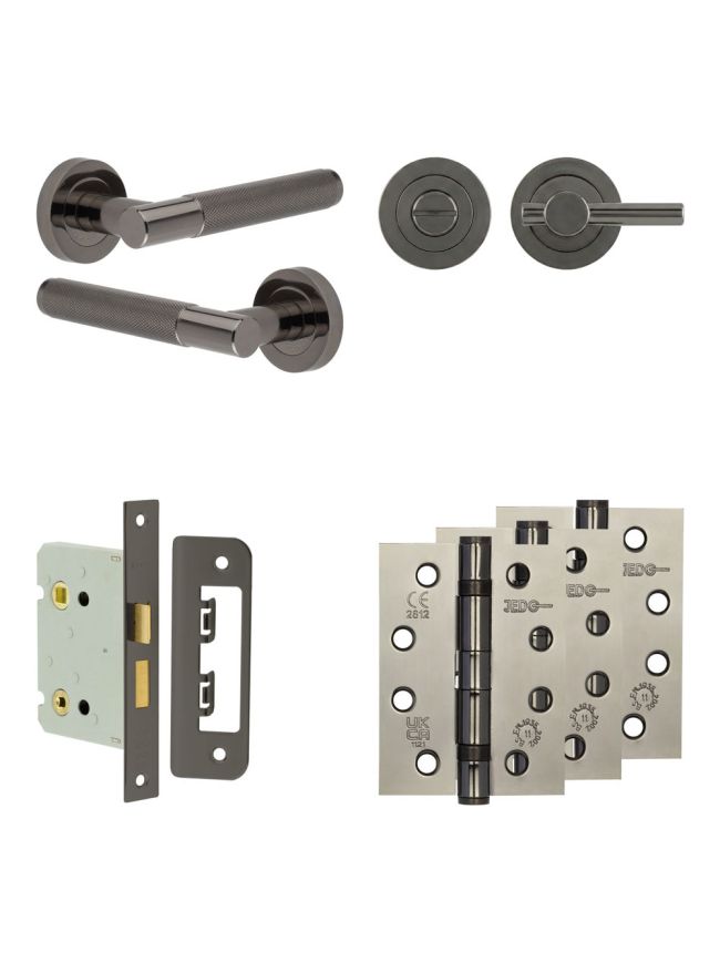 Complete Bari Door Handle Pack - Bathroom Lock (Plain Thumb Turn) - Black Nickel - 76mm / 4-inch Hinges - JE-D6A2-BN