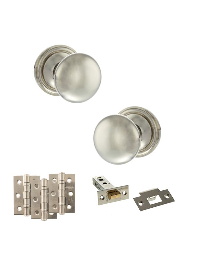 Old English Harrogate Door Knob Pack (Latch Set - 3" HD Latch, 3" Fire Rated Hinges x3) - Polished Nickel