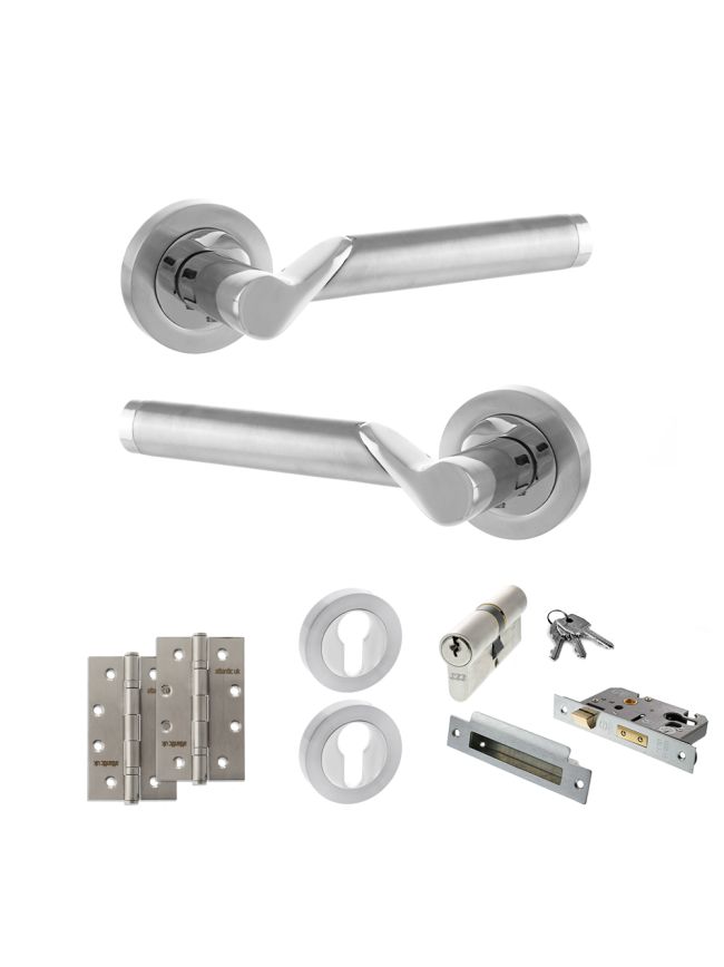 STATUS Hawaii Door Handle Pack (Euro Lock Set - 3" CE Sashlock, 4" Slim Knuckle Hinges x2) - Satin Chrome/Polished Chrome