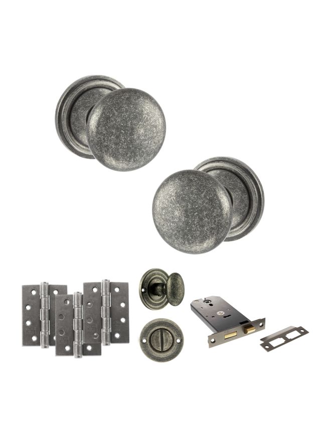 Old English Harrogate Door Knob Pack (Lock Set - Horizontal Bathlock, 3" Fire Rated Hinges x3) - Distressed Silver