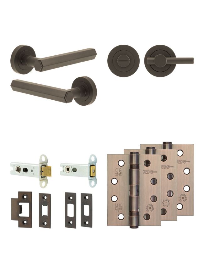 Complete Hex Door Handle Pack - Heavy Duty Tubular Bathroom (Plain Thumb Turn) - Dark Bronze - 76mm / 4-inch Hinges - JE-C31A2-DB
