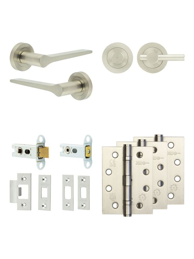 Complete Gio Door Handle Pack - Heavy Duty Tubular Bathroom (Plain Thumb Turn) - Satin Nickel - 64mm / 4-inch Hinges - JE-E30A2-SN
