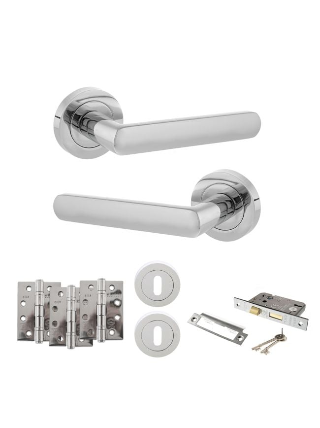 STATUS Carolina Door Handle Pack (3 Lever Lock Set - 2.5" CE Sashlock, 4" Fire Rated Hinges x3) - Polished Chrome