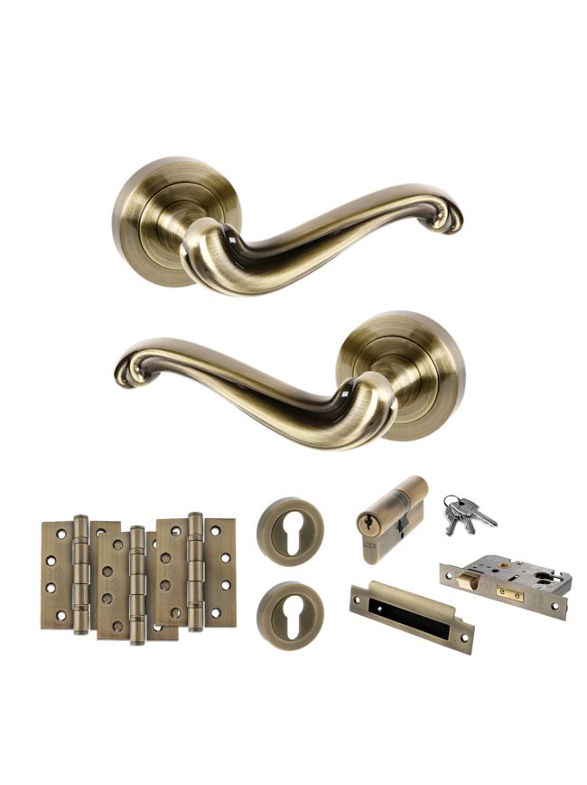 Old English Colchester Door Handle Pack (Euro Lock Set - 2.5" CE Sashlock, 4" Fire Rated Hinges x3) - Antique Brass