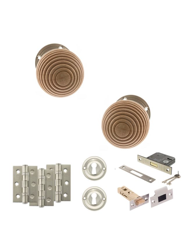 Old English Bridlington Door Knob Pack (Lock Set - 3" Latch & Deadlock, 3" Fire Rated Hinges x3) - Satin Nickel
