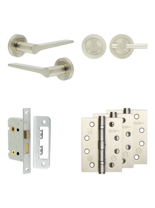 Complete Gio Door Handle Pack - Bathroom Lock (Plain Thumb Turn) - Satin Nickel - 65mm / 4-inch Hinges - JE-E5A2-SN