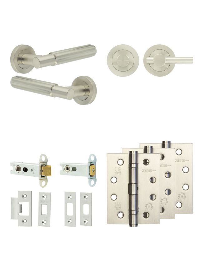 Complete Bloom Door Handle Pack - Heavy Duty Tubular Bathroom (Plain Thumb Turn) - Satin Nickel - 76mm / 4-inch Hinges - JE-B31A2-SN