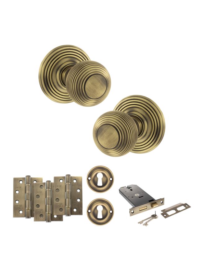 Old English Ripon Door Knob Pack (Lock Set - Horizontal Sashlock, 4" Fire Rated Hinges x3) - Matt Antique Brass