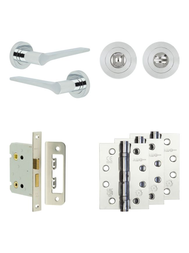 Complete Gio Door Handle Pack - Bathroom Lock (Standard Thumb Turn) - Polished Chrome - 76mm / 4-inch Hinges - JE-E6A3-PC