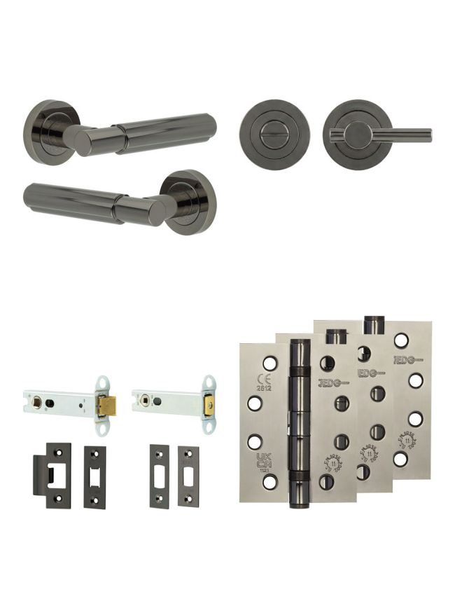 Complete Bloom Door Handle Pack - Heavy Duty Tubular Bathroom (Plain Thumb Turn) - Black Nickel - 102mm / 4-inch Hinges - JE-B32A2-BN
