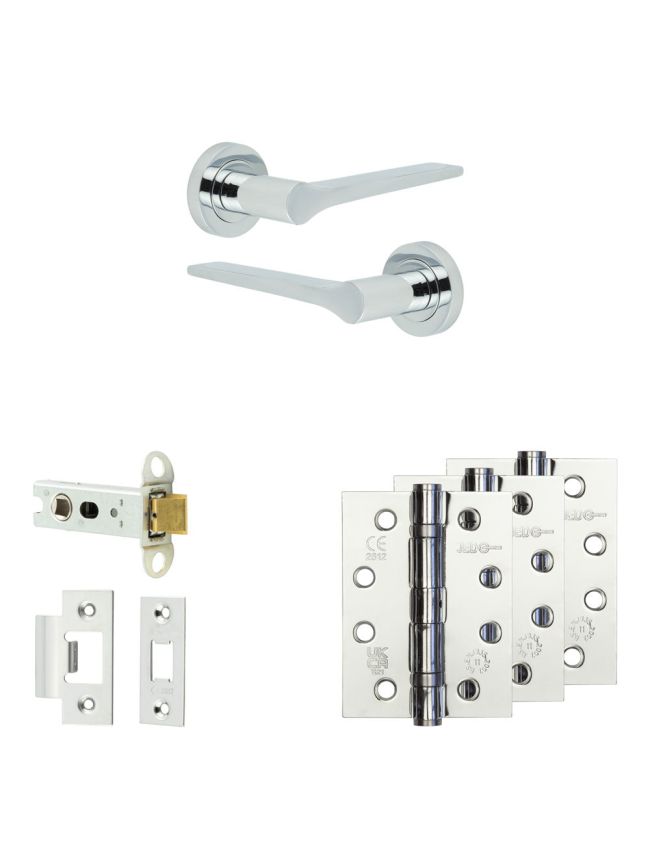 Complete Gio Door Handle Pack - Heavy Duty Latch - Polished Chrome - 76mm / 4-inch Hinges - JE-E21A-PC