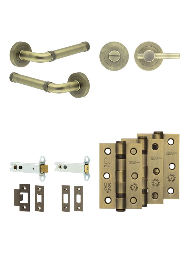 Complete Midtown Door Handle Pack - Heavy Duty Tubular Bathroom (Plain Thumb Turn) - Antique Brass - 102mm / 3-inch Hinges - JE-G32B2-AB