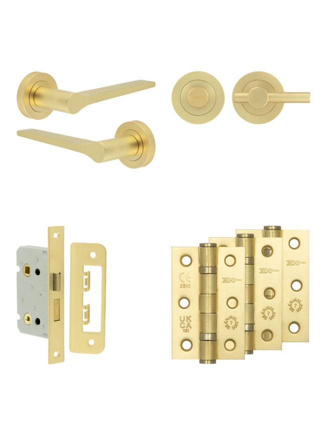 Complete Gio Door Handle Pack - Bathroom Lock (Plain Thumb Turn) - Satin Brass - 65mm / 3-inch Hinges - JE-E5B2-SB