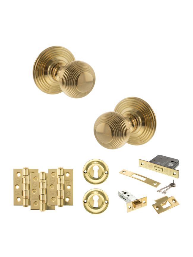 Old English Ripon Door Knob Pack (Lock Set - 3" Latch & Deadlock, 3" Fire Rated Hinges x3) - Raw Brass