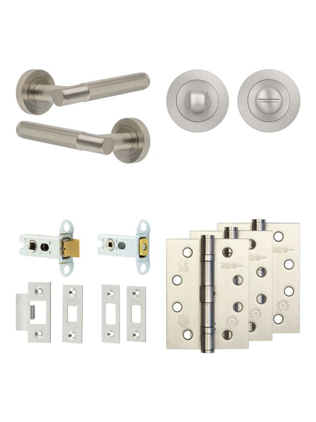 Complete Bari Door Handle Pack - Heavy Duty Tubular Bathroom (Standard Thumb Turn) - Satin Nickel - 64mm / 4-inch Hinges - JE-D30A3-SN