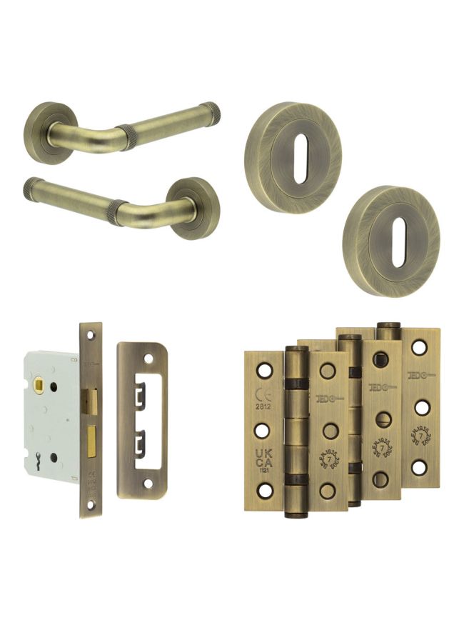 Complete Midtown Door Handle Pack - Sashlock - Antique Brass - 76mm / 3-inch Hinges - JE-G8B8-AB