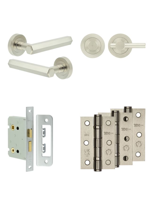 Complete Hex Door Handle Pack - Bathroom Lock (Plain Thumb Turn) - Satin Nickel - 76mm / 3-inch Hinges - JE-C6B2-SN