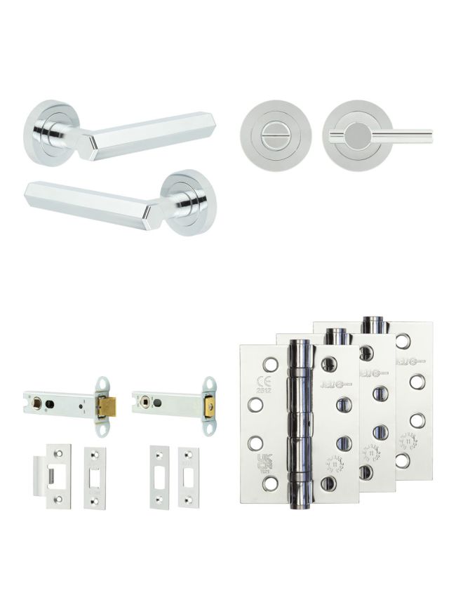 Complete Hex Door Handle Pack - Heavy Duty Tubular Bathroom (Plain Thumb Turn) - Polished Chrome - 102mm / 4-inch Hinges - JE-C32A2-PC