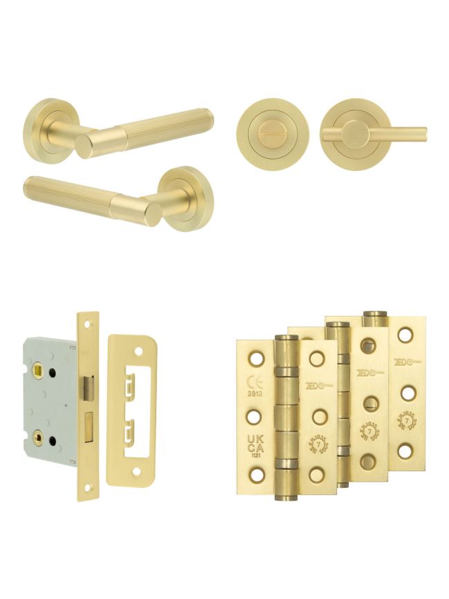 Complete Venice Door Handle Pack - Bathroom Lock (Plain Thumb Turn) - Satin Brass - 76mm / 3-inch Hinges - JE-F6B2-SB