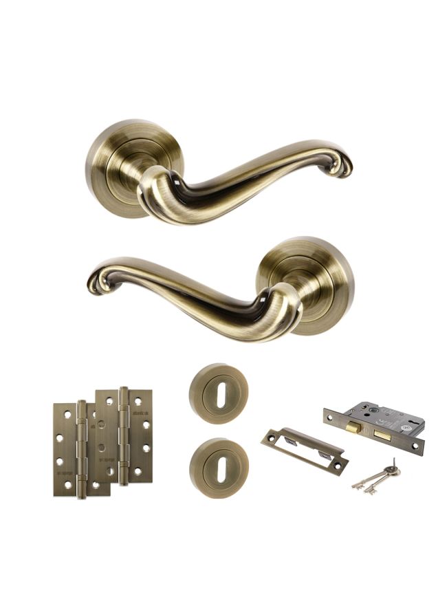 Old English Colchester Door Handle Pack (3 Lever Lock Set - 3" CE Sashlock, 4" Slim Knuckle Hinges x2) - Antique Brass