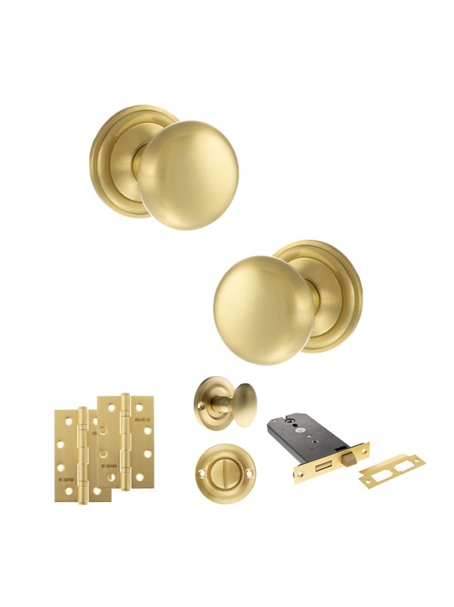 Old English Harrogate Door Knob Pack (Lock Set - Horizontal Bathlock, 4" Slim Knuckle Hinges x2) - Satin Brass