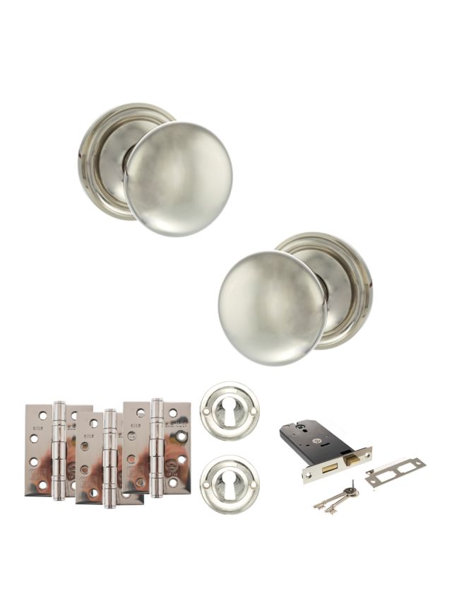 Old English Harrogate Door Knob Pack (Lock Set - Horizontal Sashlock, 4" Fire Rated Hinges x3) - Polished Nickel