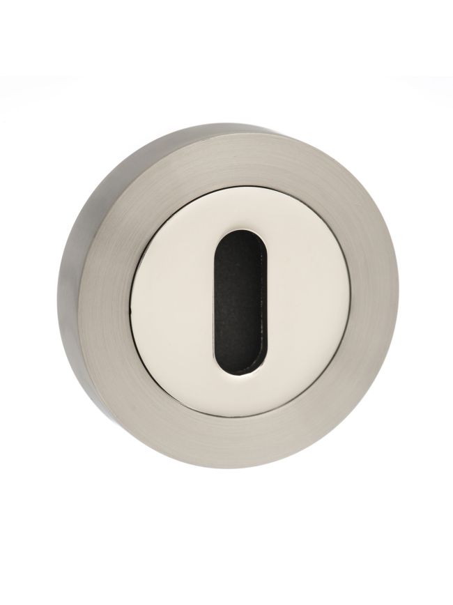 STATUS Key Escutcheons on Round Rose - Satin Nickel/Nickel Plate (Pair)