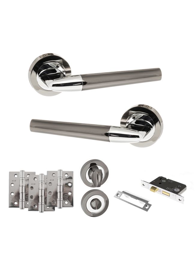 STATUS Tennessee Door Handle Pack (Bathroom Set - 3" CE Bathroom Lock, 4" Fire Rated Hinges x3) - Black Nickel/Polished Chrome