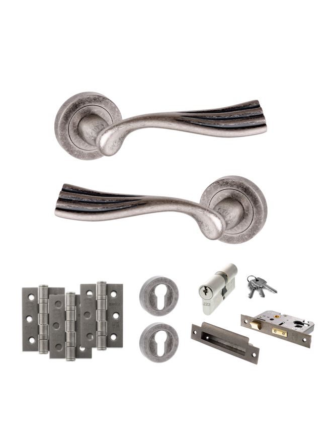 Old English Richmond Door Handle Pack (Euro Lock Set - 2.5" CE Sashlock, 3" Fire Rated Hinges x3) - Distressed Silver