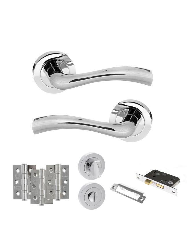 STATUS Texas Door Handle Pack (Bathroom Set - 2.5" CE Bathroom Lock, 3" Fire Rated Hinges x3) - Polished Chrome