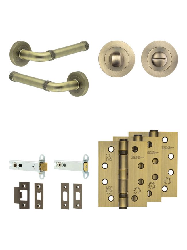 Complete Midtown Door Handle Pack - Heavy Duty Tubular Bathroom (Standard Thumb Turn) - Antique Brass - 102mm / 4-inch Hinges - JE-G32A3-AB