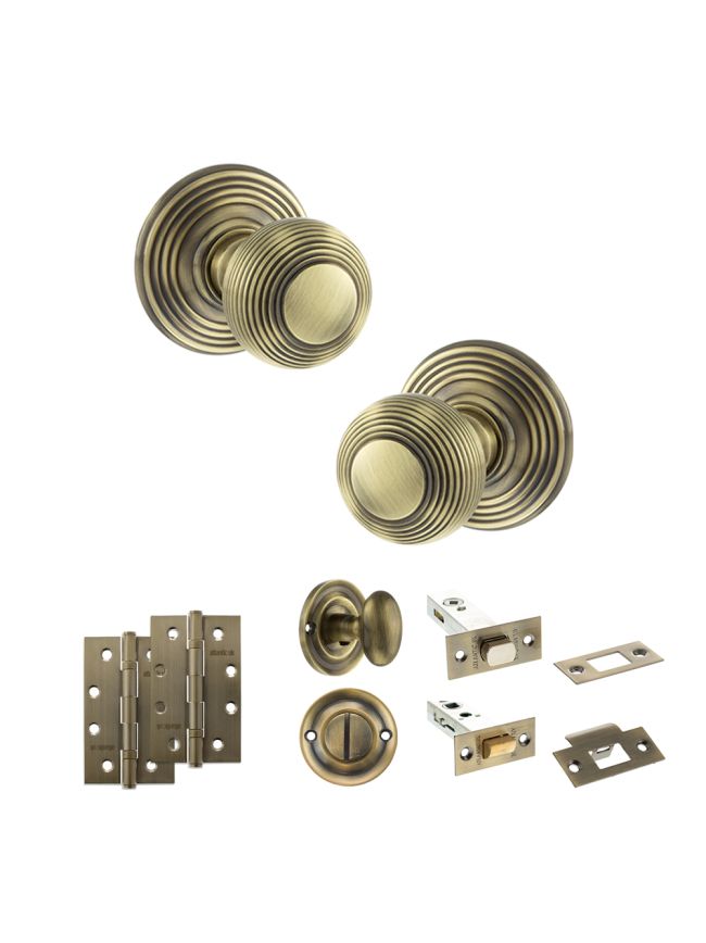 Old English Ripon Door Knob Pack (Bathroom Set - 4" Deadbolt, 4" Slim Knuckle Hinges x2) - Antique Brass