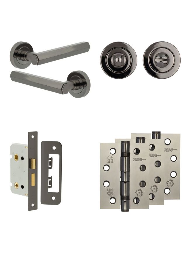 Complete Hex Door Handle Pack - Bathroom Lock (Standard Thumb Turn) - Black Nickel - 65mm / 4-inch Hinges - JE-C5A3-BN