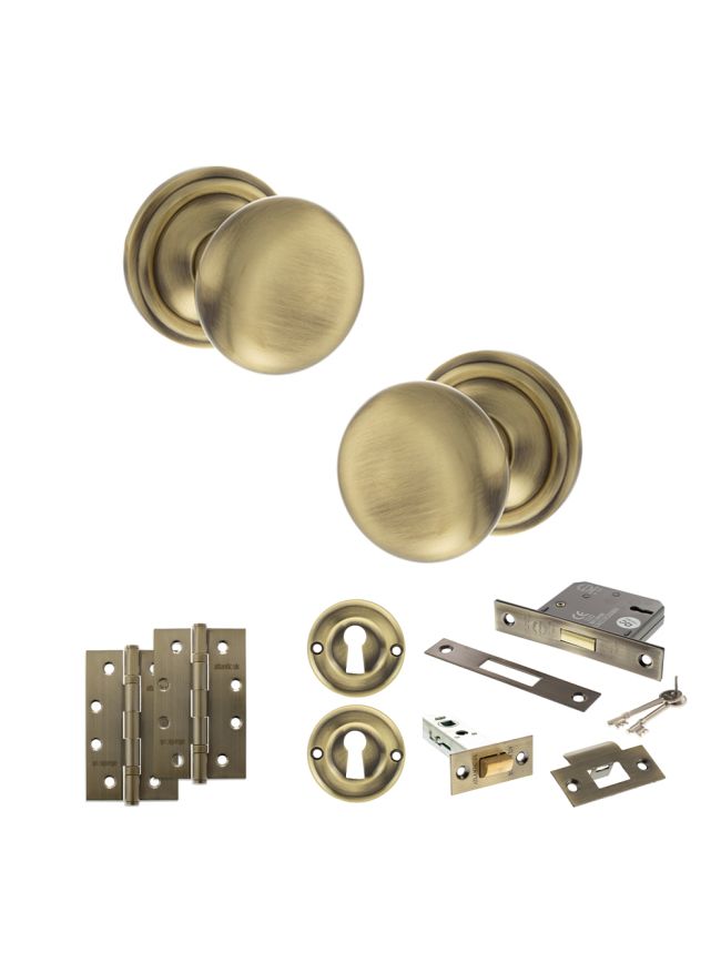 Old English Harrogate Door Knob Pack (Lock Set - 3" Latch & Deadlock, 4" Slim Knuckle Hinges x2) - Antique Brass