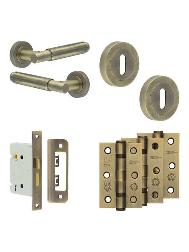 Complete Bloom Door Handle Pack - Sashlock - Antique Brass - 76mm / 3-inch Hinges - JE-B8B8-AB
